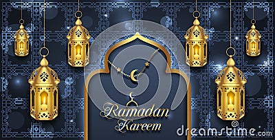 Arabic Card for Ramadan Kareem, Golden Lanterns, Fanoos Stock Photo