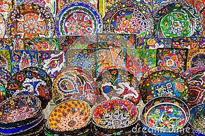 Arabic ceramic plates with multicolored patterns on the Bazaar Stock Photo