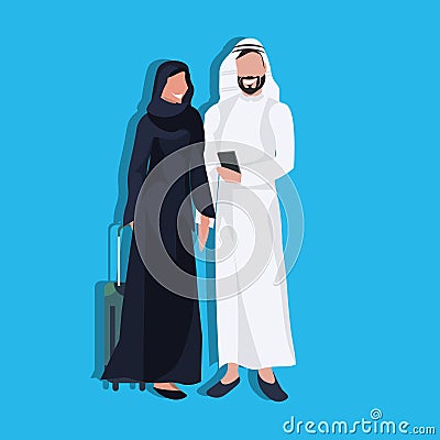 Arabic couple using smartphone holding valise wearing traditional clothes travel concept man woman cartoon character Vector Illustration
