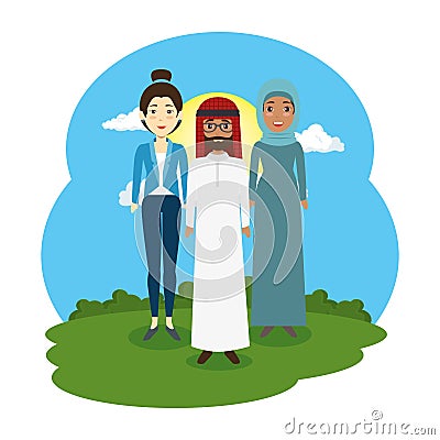 Arabic couple with woman in the landscape scene Vector Illustration