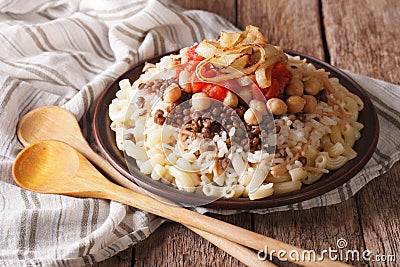 Arabic cuisine: kushari of rice, pasta, chickpeas and lentils cl Stock Photo