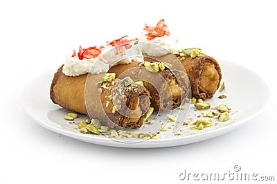 Arabic Cuisine; Traditional Ramadan dessert `znoud el set` Stock Photo