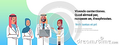 Arabic doctor hold laptop computer online consultation arab people pharmacists team medical clinics worker hospital flat Vector Illustration