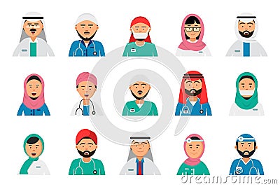 Arabic doctors avatars. Dentist nurses male and female arabic muslim islam hospital staff vector healthcare professions Vector Illustration