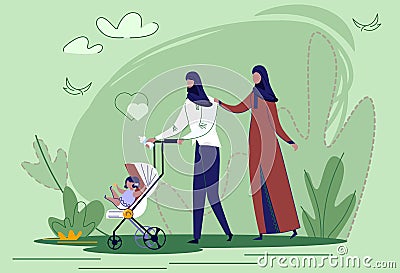 Arabic Family Walking with Happy Daughter in Park. Vector Illustration