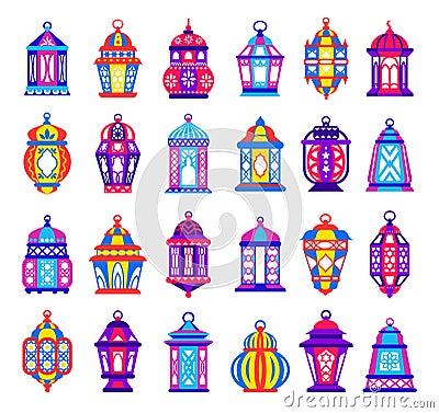 Arabic fanous. Cartoon traditional Ramadan lamps. Old Islamic decorative illumination. Mosque antique lighting Vector Illustration