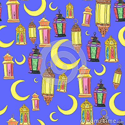Arabic fanous. Cartoon traditional Ramadan lamps. Old Islamic decorative illumination. Stock Photo
