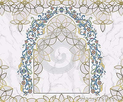 Arabic floral arch. Traditional islamic ornament on white marble background. Mosque decoration design element. Vector Illustration