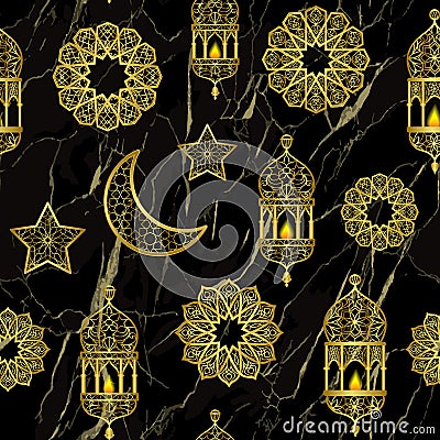 Arabic golden lantern, moon and stars seamless pattern Vector Illustration