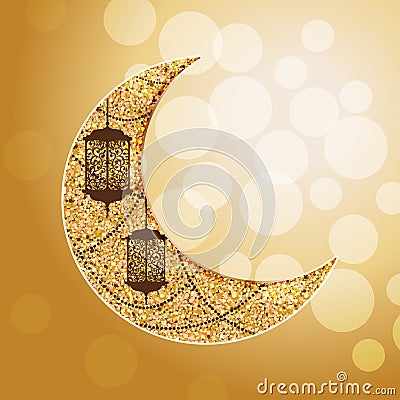 Arabic golden moon with traditional lantern Vector Illustration