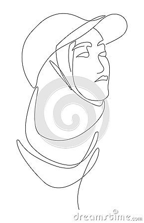 Arabic independent woman, Muslim women in hijab with baseball cap, hand-drawn line art feministic illustration for fashion or Vector Illustration