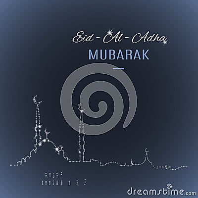 Arabic islamic holiday Eid-Al-Adha Mubarak greeting card with mosque Vector Illustration