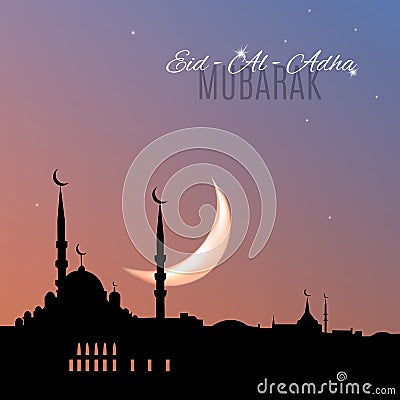 Arabic islamic holiday Eid-Al-Adha Mubarak greeting card Vector Illustration