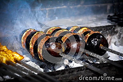 Arabic KEBAB BATINJAN grill on coal outdoor | Mashawi Kabab & Tawook Stock Photo