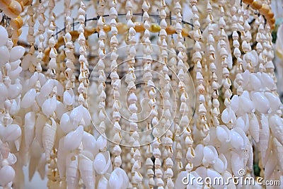 Arabic lamp of shells, background close-up. African snail shells on a thread, texture Stock Photo