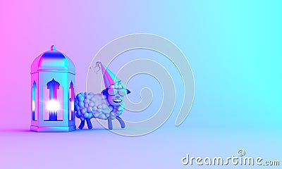 Arabic lantern and cartoon sheep use glasses on blue pink violet gradient background. Cartoon Illustration