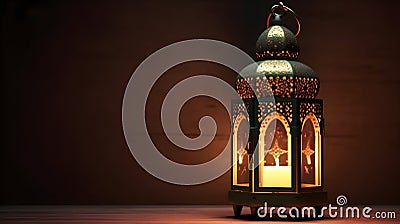 arabic lantern on table with wall background. Ramadan background. Generative AI Stock Photo