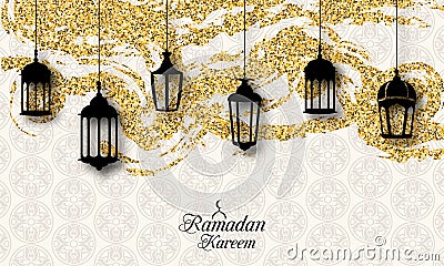 Arabic Lanterns, Fanoos for Ramadan Kareem, Islamic Glitter Card Vector Illustration