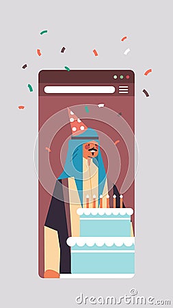 Arabic man celebrating online birthday party celebration self isolation quarantine concept Vector Illustration