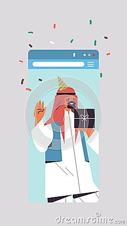 Arabic man in festive hat celebrating online birthday party celebration self isolation quarantine Vector Illustration