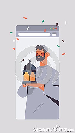 Arabic man holding lantern celebrating online birthday party celebration self isolation quarantine concept Vector Illustration