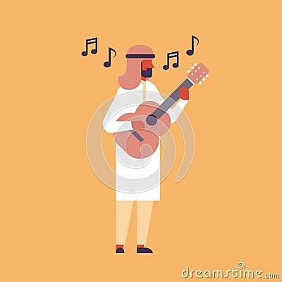 Arabic man playing guitar music street performance concept musical show male cartoon character flat full length Vector Illustration