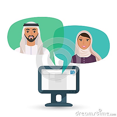 Arabic man and woman communicate by Internet illustration Vector Illustration