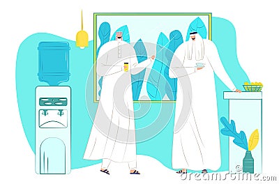 Arabic muslim character people together standing and drinking organic clear water, office cooler flat vector Cartoon Illustration