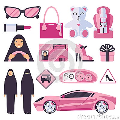 Arabic muslim women that have permission for driving auto. Lady in nikab and hijab with pink accessories, car, signs and heels sho Stock Photo