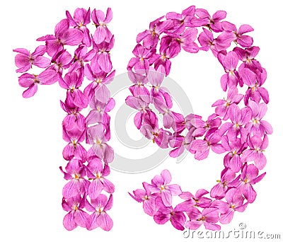 Arabic numeral 19, nineteen, from flowers of viola, isolated on Stock Photo