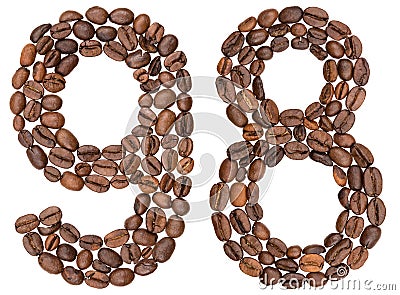 Arabic numeral 98, ninety eight, from coffee beans, isolated on Stock Photo