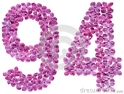 Arabic numeral 94, ninety four, from flowers of lilac, isolated Stock Photo