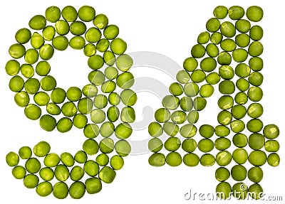 Arabic numeral 94, ninety four, from green peas, isolated on white background Stock Photo