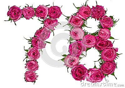 Arabic numeral 78, seventy eight, from red flowers of rose, isolated on white background Stock Photo