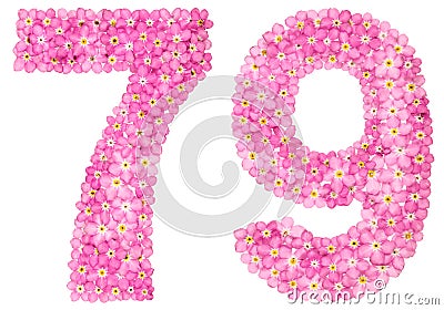 Arabic numeral 79, seventy nine, from pink forget-me-not flowers Stock Photo