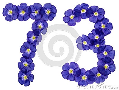 Arabic numeral 73, seventy three, from blue flowers of flax, iso Stock Photo