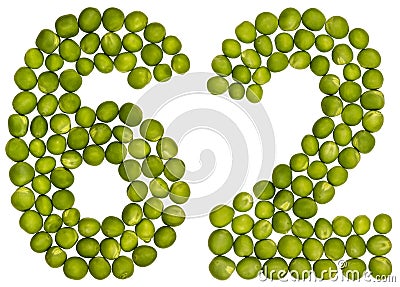 Arabic numeral 62, sixty two, from green peas, isolated on white Stock Photo