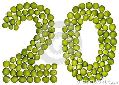 Arabic numeral 20, twenty, from green peas, isolated on white ba Stock Photo