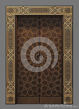 Arabic oriental carved elevator sliding door Cartoon Illustration