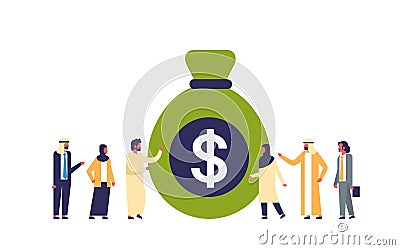 Arabic people group standing money dollar bag growth wealth concept isolated arab business man woman teamwork success Vector Illustration