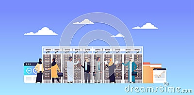 Arabic people working data center room hosting server computer monitoring information database graph diagram analysis Vector Illustration