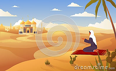 Arabic prayer, muslim character pray, islamic traveler. Mosque on sky panorama, faith scene, celebration in sand, arab Vector Illustration