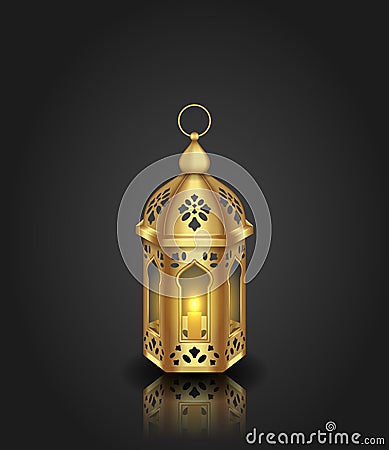 Arabic Realistic Lantern, Islamic Design with Fanoos, Reflection Stock Photo