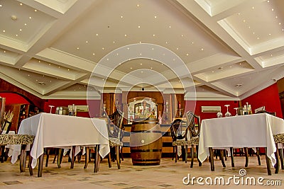 Arabic restaurant interior with tables and chairs at resort Editorial Stock Photo