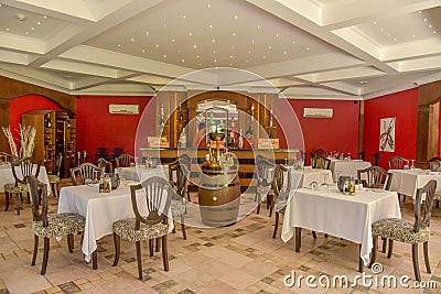 Arabic restaurant interior with tables and chairs at the tropical resort Editorial Stock Photo