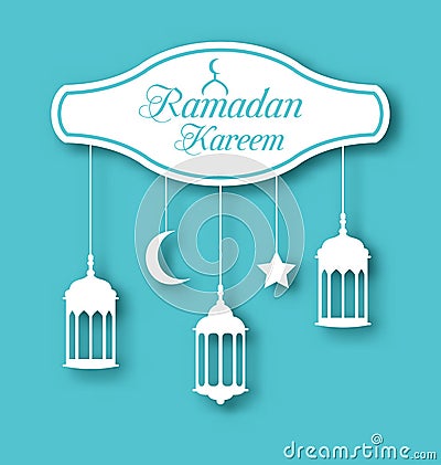 Arabic Simple Card for Ramadan Kareem with Lamps Fanoos Vector Illustration