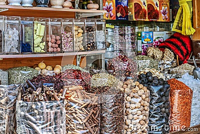 Arabic Spices, herbs & Nuts at a market Shop In Bazaar Souk In Dubai United Arab Emirates Middle East Editorial Stock Photo