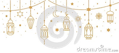 Arabic traditional Ramadan Kareem eastern lanterns garland. Muslim ornamental hanging golden lanterns, stars and moon Vector Illustration