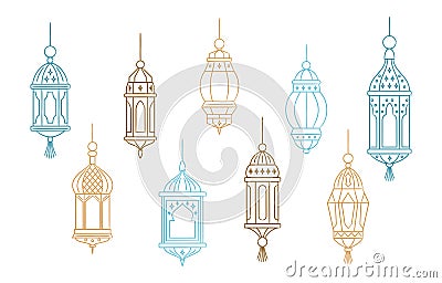 Arabic traditional Ramadan Kareem eastern lanterns. Islamic art. Muslim holiday lantern. Symbols of Ramadan Mubarak, arabic lamps Vector Illustration