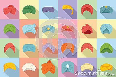 Arabic turban icons set flat vector. Arab hat Vector Illustration